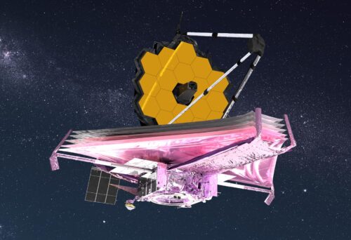 Künstlerische Darstellung des James Webb Space Telescope. Vor einem Sternenhimmel schwebt ein Objekt mit großem Sonnensegel und einem sechseckigen Spiegel.